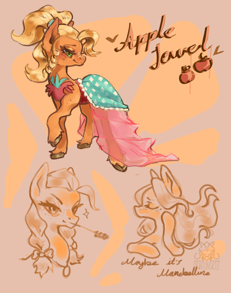 Size: 1500x1900 | Tagged: safe, artist:dragonsicle, derpibooru import, applejack, earth pony, pony, alternate hairstyle, applejewel, clothes, dress, female, image, jpeg, mare, solo, straw in mouth