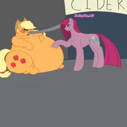 Size: 1378x1378 | Tagged: suggestive, artist:poneymoment, derpibooru import, applejack, pinkie pie, earth pony, pony, alcohol, apple cider, bingo wings, blushing, body expansion, body inflation, chubby cheeks, cider, cider inflation, drunk, drunk aj, drunk applejack, image, immobile, liquid inflation, neck fold, neckfold, no shading, pinkamena diane pie, png, simple background