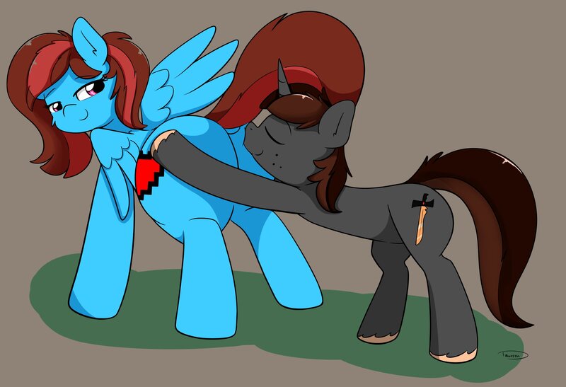 Size: 2779x1899 | Tagged: suggestive, artist:bageldiner, derpibooru import, oc, oc:lucid heart, oc:twisty, unofficial characters only, pegasus, pony, unicorn, brown background, butt, butt sniffing, butthug, duo, duo male and female, eyebrows, eyebrows visible through hair, eyes closed, female, high res, horn, hug, image, jpeg, looking back, male, mare, oc x oc, partially open wings, pegasus oc, plot, shipping, signature, simple background, smiling, stallion, straight, unicorn oc, wings