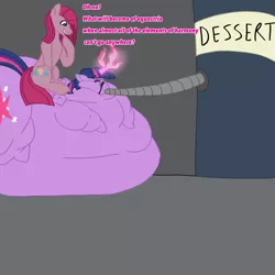 Size: 1378x1378 | Tagged: suggestive, artist:poneymoment, derpibooru import, pinkie pie, twilight sparkle, twilight sparkle (alicorn), alicorn, pony, belly, belly fold, big belly, bingo wing, body expansion, body inflation, broken horn, chubby, chubby cheeks, cute, double chin, fat, force feeding, force inflation, forced inflation, glow, glowing horn, horn, huge belly, image, immobile, impossibly large belly, inflation, massive, morbidly obese, muzzle, no shading, obese, pinkamena diane pie, png, simple background, soft, unstable magic, weight gain