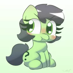Size: 2000x2000 | Tagged: safe, artist:cushyhoof, derpibooru import, oc, oc:anonfilly, unofficial characters only, earth pony, pony, angry, blushing, cute, earth pony oc, eye clipping through hair, eyebrows, eyebrows visible through hair, female, filly, foal, frown, gradient background, grumpy, high res, image, madorable, nose wrinkle, ocbetes, png, signature, sitting, solo