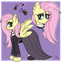 Size: 2000x2000 | Tagged: safe, artist:yoshiyoshi700, derpibooru import, fluttershy, butterfly, insect, pegasus, pony, fake it 'til you make it, abstract background, clothes, collar, dress, ear piercing, eyeshadow, female, fluttergoth, goth, heart, high res, image, makeup, mare, outline, piercing, png, solo, spread wings, white outline, wings