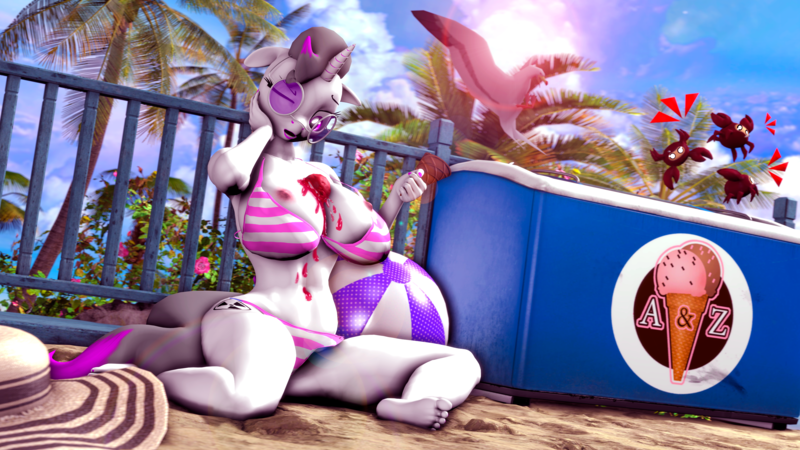 Size: 3840x2160 | Tagged: questionable, artist:shadowuwu, artist:theshadow, derpibooru import, oc, oc:hazel radiate, unofficial characters only, anthro, bird, plantigrade anthro, pony, seagull, unicorn, 3d, anthro oc, barefoot, beach, beach ball, belly button, bikini, bikini top, clothes, commission, commissioner:biohazard, cooler, dropped ice cream, eyebrows, eyelashes, feet, female, food, hat, highlights, horn, ice cream, ice cream cone, image, looking at something, mare, nipple slip, nipples, nudity, one eye closed, open mouth, palm tree, png, purple eyes, sitting, solo, solo female, source filmmaker, spycrab, sun, sun hat, sunglasses, swimsuit, team fortress 2, tree, two-piece swimsuit, unicorn oc, wardrobe malfunction, ych result