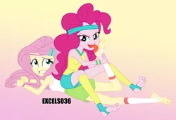 Size: 1150x786 | Tagged: safe, artist:excelso36, derpibooru import, fluttershy, pinkie pie, human, equestria girls, barefoot, clothes, concerned, feet, fetish, foot fetish, foot worship, gym shorts, humanized, image, licking, licking foot, png, reference, shorts, simple background, spongebob reference, spongebob squarepants, sports, sports shorts, tongue out, wrestling