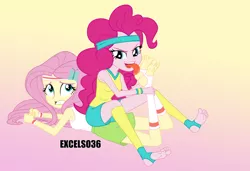 Size: 1150x786 | Tagged: safe, alternate version, artist:excelso36, derpibooru import, fluttershy, pinkie pie, human, equestria girls, barefoot, clothes, concerned, feet, fetish, foot fetish, foot worship, gym shorts, humanized, image, licking, licking foot, png, reference, shorts, simple background, spongebob reference, spongebob squarepants, sports, sports shorts, tongue out, wrestling
