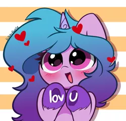 Size: 3570x3426 | Tagged: safe, artist:kittyrosie, derpibooru import, izzy moonbow, pony, unicorn, abstract background, blushing, cute, female, floating heart, g5, happy, heart, high res, image, izzybetes, looking at you, mare, open mouth, open smile, png, smiling, smiling at you, solo, underhoof, unshorn fetlocks