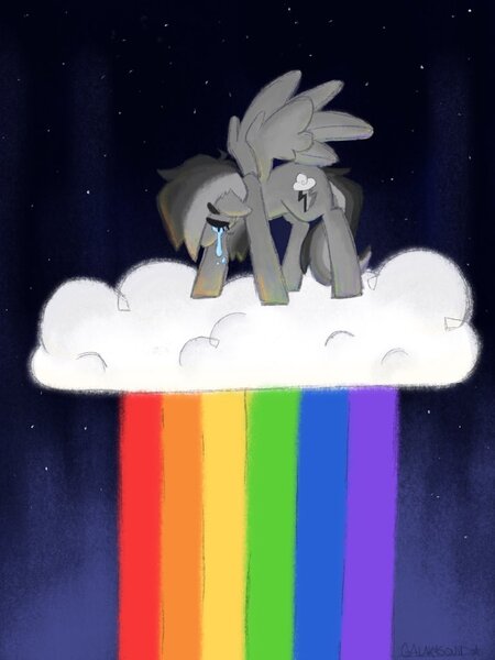 Size: 768x1024 | Tagged: safe, artist:galaxysquid, derpibooru import, rainbow dash, pegasus, pony, cloud, crying, image, jpeg, rain, rainbow, sad, solo, spread wings, wings