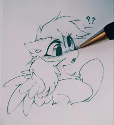 Size: 2908x3205 | Tagged: safe, artist:mirtash, derpibooru import, derpy hooves, pegasus, pony, boop, bust, derp, ear fluff, female, image, jpeg, mare, monochrome, open mouth, pen, portrait, question mark, simple background, solo, speech bubble, traditional art, white background, wings