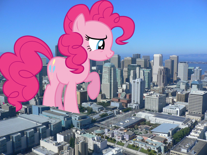 Size: 1600x1200 | Tagged: safe, artist:dashiesparkle, artist:jaredking779, derpibooru import, pinkie pie, earth pony, pony, california, female, giant pinkie pie, giant pony, giant/macro earth pony, giantess, highrise ponies, image, irl, jpeg, macro, mare, mega giant, photo, ponies in real life, san francisco