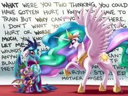 Size: 4000x3000 | Tagged: safe, artist:whitediamonds, derpibooru import, princess celestia, princess ember, spike, alicorn, dragon, pony, accessories, blushing, cape, clothes, crown, crying, dialogue, digital art, dragoness, female, high res, horn, horns, image, jewelry, jpeg, momlestia, regalia, scolding, spread wings, tail, talking, text, trio, winged spike, wings, worried