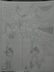 Size: 1944x2592 | Tagged: safe, artist:princebluemoon3, author:bigonionbean, derpibooru import, cosmos (character), oc, oc:blue (princebluemoon3), abyssinian, draconequus, comic:the chaos within us, black and white, breaking the fourth wall, canterlot, canterlot castle, castle, claw, claws, clothes, comic, commissioner:bigonionbean, dialogue, female, flashback, grayscale, image, jpeg, looking at you, magic, male, monochrome, muzzle, panicking, paws, scared, shocked, shocked expression, tail, talking to viewer, teeth, traditional art