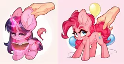 Size: 2048x1064 | Tagged: safe, alternate version, artist:minekoo2, derpibooru import, pinkie pie, twilight sparkle, twilight sparkle (alicorn), alicorn, pony, bedroom eyes, blushing, book, chibi, digital art, disembodied hand, duo, duo female, female, hand, heart, horn, image, jpeg, mare, petting, reading, sitting, spread wings, tail, wings