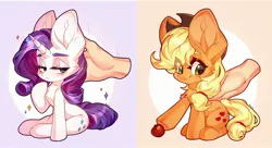 Size: 2048x1116 | Tagged: safe, alternate version, artist:minekoo2, derpibooru import, applejack, rarity, earth pony, pony, unicorn, apple, bedroom eyes, blushing, chibi, cowboy hat, digital art, disembodied hand, duo, duo female, eyes closed, female, food, hand, hat, horn, image, jpeg, mare, petting, sitting, tail