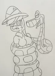 Size: 1684x2317 | Tagged: safe, artist:lunahazacookie, derpibooru import, daring do, anthro, pegasus, snake, coils, female, hat, hypno eyes, image, jpeg, kaa, kaa eyes, lineart, male, pith helmet, traditional art