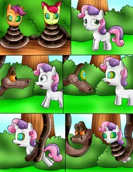 Size: 2033x2622 | Tagged: safe, artist:jerrydestrtoyer, derpibooru import, apple bloom, scootaloo, sweetie belle, earth pony, pegasus, pony, snake, unicorn, :o, coils, comic, cutie mark crusaders, female, filly, foal, image, jpeg, kaa, male, open mouth, outdoors, smiling, smirk