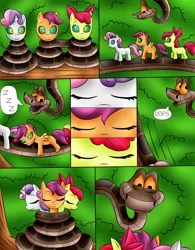 Size: 2148x2750 | Tagged: safe, artist:jerrydestrtoyer, derpibooru import, apple bloom, scootaloo, sweetie belle, earth pony, pegasus, pony, snake, unicorn, bow, coils, comic, cutie mark crusaders, female, filly, foal, hair bow, image, jpeg, kaa, male, onomatopoeia, outdoors, sleeping, sound effects, zzz
