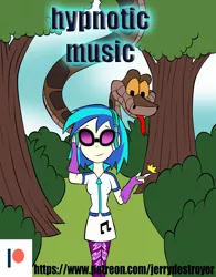 Size: 1573x2019 | Tagged: safe, artist:jerrydestrtoyer, derpibooru import, vinyl scratch, snake, equestria girls, clothes, comic, comic cover, cutie mark, cutie mark on clothes, female, fingerless gloves, forked tongue, gloves, headphones, image, jpeg, kaa, outdoors, patreon, patreon logo, smiling, sunglasses, tongue out