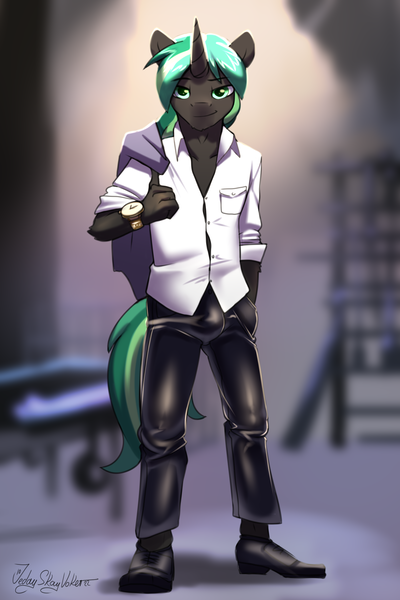 Size: 2000x3000 | Tagged: suggestive, artist:jedayskayvoker, derpibooru import, oc, oc:jade moon, anthro, pony, unicorn, bdsm, blurry background, clothes, crotch bulge, dungeon, dungeon master, fancy, horn, image, leather, leather pants, looking at you, male, pants, png, shirt, sketch, solo, stallion, unicorn oc, watch