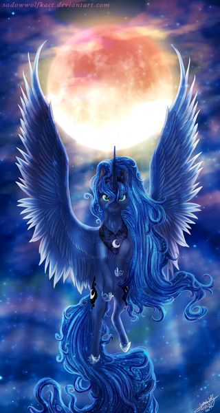 Size: 1200x2250 | Tagged: safe, artist:sadowwolfkact, derpibooru import, princess luna, alicorn, pony, blue eyes, blue mane, blue tail, cloud, crepuscular rays, digital art, ethereal mane, female, flowing mane, flowing tail, flying, hoof shoes, horn, image, looking at you, mare, moon, moonlight, png, signature, sky, smiling, smiling at you, solo, speedpaint, spread wings, starry mane, starry tail, stars, tail, wings