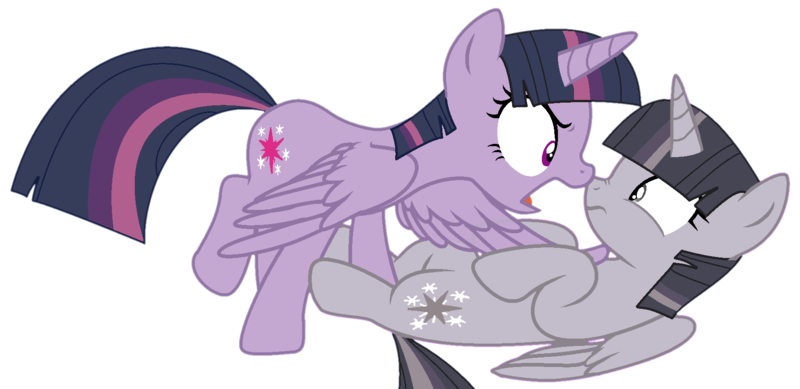 Size: 1745x849 | Tagged: safe, artist:twilyisbestpone, artist:wardex101, derpibooru import, edit, mean twilight sparkle, twilight sparkle, twilight sparkle (alicorn), alicorn, pony, angry, base used, clone, discorded, discorded twilight, duality, duo, duo female, evil, female, image, mare, nose wrinkle, pinned, png, scared, self paradox, self ponidox, simple background, transparent background, twilight tragedy, wide eyes, wings