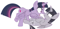 Size: 1745x849 | Tagged: safe, artist:twilyisbestpone, artist:wardex101, derpibooru import, edit, mean twilight sparkle, twilight sparkle, twilight sparkle (alicorn), alicorn, pony, angry, base used, clone, discorded, discorded twilight, duality, duo, duo female, evil, female, image, mare, nose wrinkle, pinned, png, scared, self paradox, self ponidox, simple background, transparent background, twilight tragedy, wide eyes, wings