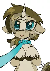 Size: 2311x3286 | Tagged: safe, artist:cherry_kotya, derpibooru import, oc, oc:valthonis, unofficial characters only, pony, unicorn, :p, collar, colored hooves, eye clipping through hair, eyebrows, eyebrows visible through hair, horn, image, leash, looking at you, png, simple background, solo, tongue out, unicorn oc, unshorn fetlocks, white background