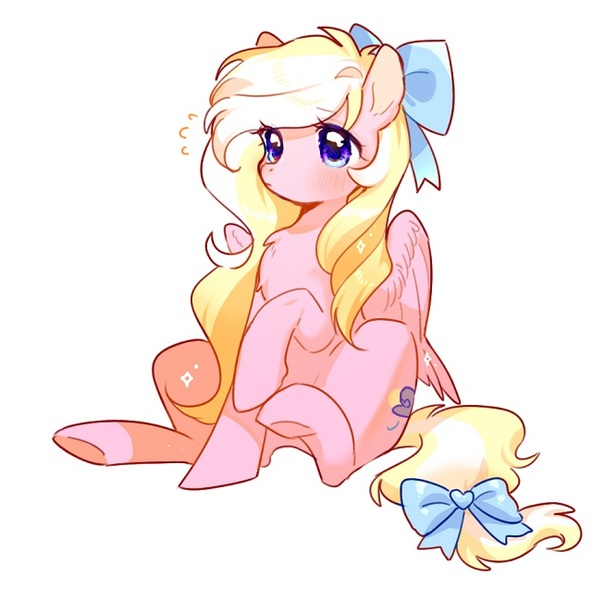 Size: 654x649 | Tagged: safe, artist:dreamsugar, derpibooru import, oc, unofficial characters only, pegasus, pony, bow, chest fluff, eye clipping through hair, female, hair bow, image, jpeg, mare, raised hoof, raised leg, simple background, sitting, solo, tail, tail bow, underhoof, white background, wings