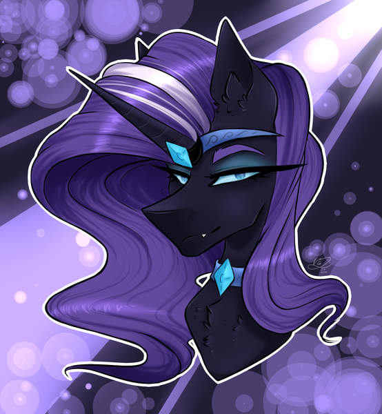 Size: 1200x1300 | Tagged: safe, artist:via2211, derpibooru import, nightmare rarity, pony, unicorn, blue eyes, bust, chest fluff, crepuscular rays, crown, digital art, eyelashes, eyeshadow, fangs, female, gem, grin, horn, image, jewelry, lidded eyes, long horn, looking at you, makeup, mare, moonlight, night, png, purple mane, regalia, smiling, smiling at you, solo