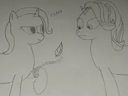 Size: 2751x2071 | Tagged: safe, artist:cardshark777, derpibooru import, starlight glimmer, trixie, unicorn, >:), duo, duo female, feather, female, floating, image, imminent bondage, imminent tickles, jpeg, lesbian, monochrome, rope, shipping, simple background, stars, startrix, this will end in laughs, traditional art