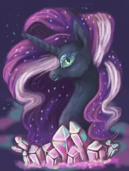 Size: 3000x4000 | Tagged: safe, artist:ayveena, derpibooru import, nightmare rarity, pony, unicorn, bust, crown, crystal, digital art, ethereal mane, eyelashes, eyeshadow, female, flowing mane, gem, green eyes, high res, horn, image, jewelry, looking at you, makeup, mare, png, purple mane, regalia, simple background, sky, smiling, smiling at you, solo, sparkles, starry mane, stars, teeth