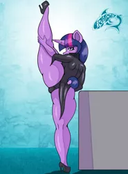 Size: 2000x2700 | Tagged: suggestive, artist:renegade-157, derpibooru import, twilight sparkle, anthro, unicorn, butt, clothes, hand on leg, high heels, horn, image, large butt, looking at you, looking back, looking back at you, png, shoes, solo, splits, standing, standing on one leg, standing splits, thighs, thunder thighs