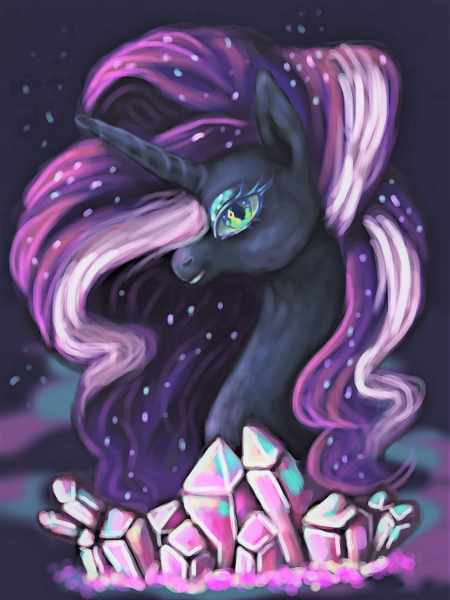 Size: 3000x4000 | Tagged: safe, artist:ayveena, derpibooru import, edit, nightmare rarity, pony, unicorn, bust, crown, crystal, digital art, ethereal mane, eyelashes, eyeshadow, female, flowing mane, gem, green eyes, high res, horn, image, jewelry, looking at you, makeup, mare, png, purple mane, regalia, simple background, sky, smiling, smiling at you, solo, sparkles, starry mane, stars, teeth