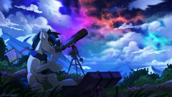 Size: 2500x1406 | Tagged: safe, artist:redchetgreen, derpibooru import, oc, oc:solar gizmo, unofficial characters only, pony, unicorn, image, mountain, night, notebook, pencil, png, solo, space, stars, telescope