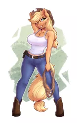 Size: 2208x3508 | Tagged: safe, artist:dandy, derpibooru import, applejack, anthro, earth pony, unguligrade anthro, arm behind head, belt, belt buckle, boots, breasts, busty applejack, chest fluff, cleavage, clothes, cowboy boots, cowboy hat, denim, ear fluff, female, freckles, green eyes, grin, hair tie, hat, image, jeans, looking at you, muscles, muscular female, one eye closed, pants, png, rope, shoes, smiling, smirk, solo, stetson, stupid sexy applejack, tanktop, wink