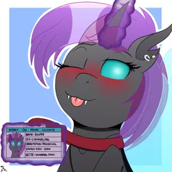 Size: 2000x2000 | Tagged: suggestive, artist:h3nger, derpibooru import, oc, oc:jasper, changeling, ;p, female, horny on main, id card, image, license, one eye closed, png, smiling, smirk, solo, tongue out