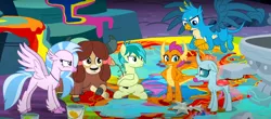 Size: 1600x702 | Tagged: safe, derpibooru import, screencap, gallus, ocellus, sandbar, silverstream, smolder, yona, changedling, changeling, classical hippogriff, dragon, earth pony, gryphon, hippogriff, pony, yak, uprooted, angry, cropped, image, png, student six