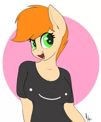 Size: 2000x2400 | Tagged: safe, artist:ponynamedmixtape, derpibooru import, oc, oc:squiggles, unofficial characters only, anthro, earth pony, clothes, female, image, png, shirt, short hair, simple background, solo, tomboy