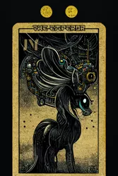 Size: 1024x1536 | Tagged: safe, derpibooru import, machine learning generated, midjourney, pony, fanfic:revanchism, abstract, fanfic art, glow, glowing eyes, glowing eyes of doom, headdress, image, major arcana, png, tarot card, the emperor
