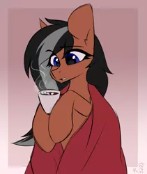 Size: 1600x1900 | Tagged: source needed, useless source url, safe, artist:rinteen, derpibooru import, oc, unofficial characters only, pony, blanket, chocolate, colored sketch, eye clipping through hair, eyebrows, eyebrows visible through hair, food, hot chocolate, image, leg hold, mug, png, solo