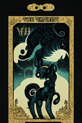 Size: 1024x1536 | Tagged: safe, derpibooru import, machine learning generated, midjourney, cyclops, pony, robot, robot pony, fanfic:revanchism, abstract, fanfic art, image, major arcana, png, tarot card, the chariot