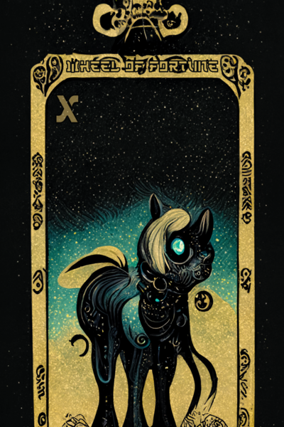Size: 1024x1536 | Tagged: safe, derpibooru import, machine learning generated, midjourney, cyborg, cyclops, pony, fanfic:revanchism, abstract, capelet, fanfic art, image, machine learning abomination, major arcana, png, tarot card, wheel of fortune