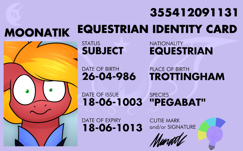 Size: 1280x800 | Tagged: safe, artist:moonatik, derpibooru import, oc, oc:moonatik, unofficial characters only, pegasus, pony, alternate timeline, bust, cutie mark, id card, image, new lunar millennium, nightmare takeover timeline, pegasus oc, png, signature, solo, trottingham, wings