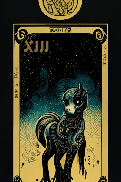 Size: 1024x1536 | Tagged: semi-grimdark, derpibooru import, machine learning generated, midjourney, pony, fanfic:revanchism, abstract, death (tarot card), fanfic art, glow, glowing eyes, glowing eyes of doom, image, major arcana, png, skull, tarot card