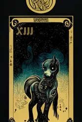 Size: 1024x1536 | Tagged: semi-grimdark, derpibooru import, machine learning generated, midjourney, pony, fanfic:revanchism, abstract, death (tarot card), fanfic art, glow, glowing eyes, glowing eyes of doom, image, major arcana, png, skull, tarot card
