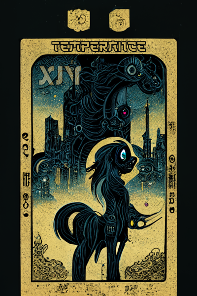 Size: 1024x1536 | Tagged: safe, derpibooru import, machine learning generated, midjourney, pony, fanfic:revanchism, abstract, fanfic art, image, major arcana, png, tarot card, temperance