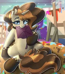 Size: 969x1113 | Tagged: safe, artist:llametsul, derpibooru import, oc, oc:creme cookie, pony, unicorn, atg 2022, colored, eyeshadow, female, graduation cap, hat, image, lidded eyes, looking at you, makeup, mare, mouth hold, newbie artist training grounds, paint, png