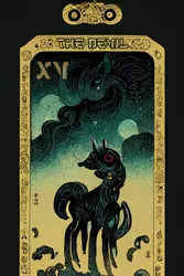 Size: 1024x1536 | Tagged: safe, derpibooru import, machine learning generated, midjourney, pony, robot, robot pony, fanfic:revanchism, abstract, charger, fanfic art, image, major arcana, mecha, png, tarot card, the devil