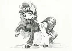 Size: 1422x1000 | Tagged: safe, artist:maytee, derpibooru import, rarity, pony, unicorn, beatnik rarity, beret, clothes, hat, image, monochrome, pencil drawing, png, simple background, solo, sweater, traditional art, white background