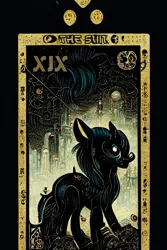 Size: 1024x1536 | Tagged: safe, derpibooru import, machine learning generated, midjourney, part of a set, pony, fanfic:revanchism, abstract, fanfic art, glow, glowing eyes, image, major arcana, png, skyscraper, tarot card, the sun
