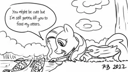 Size: 1200x675 | Tagged: safe, artist:pony-berserker, derpibooru import, fluttershy, fish, pegasus, pony, dialogue, female, hypocrisy, hypocritical humor, image, jpeg, lake, mare, pony-berserker's twitter sketches, pony-berserker's twitter sketches (2022), solo, spear, water, weapon